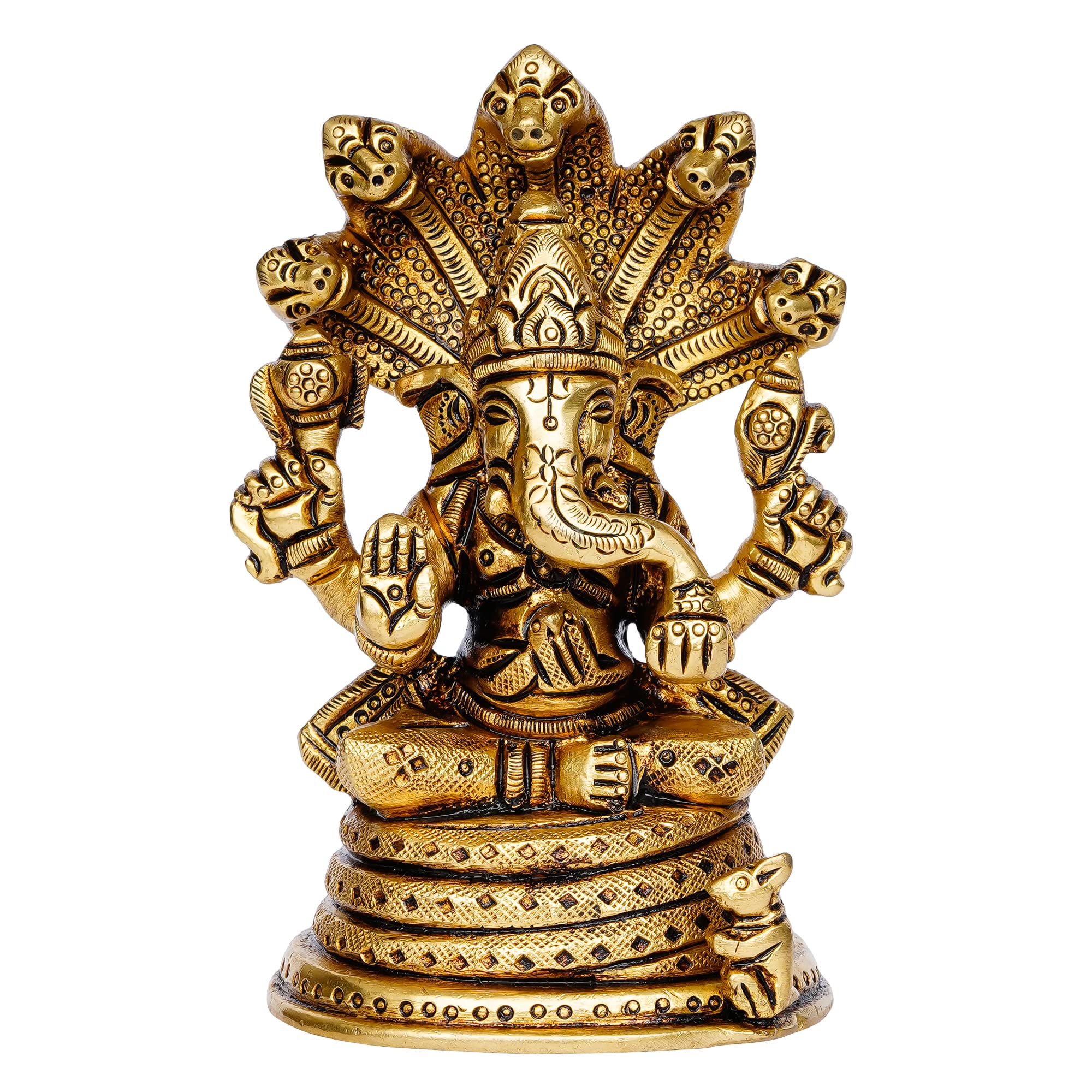 Ecraftindia Golden Brass Ganesha Idol With Naag Devta | Lord Ganesha Idol For Home Decor Office | Ganesha Statue | Ganesh Ganpat